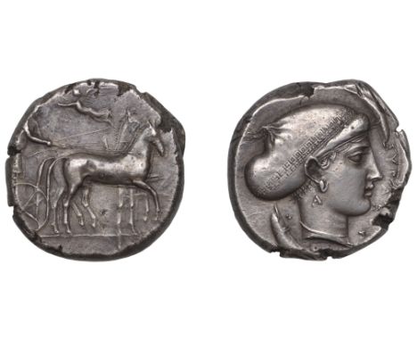 Greek Coinages, Syracuse: Tetradrachm, struck under the second democracy c. 420-15, signed work of the artist A–  Obverse: qu