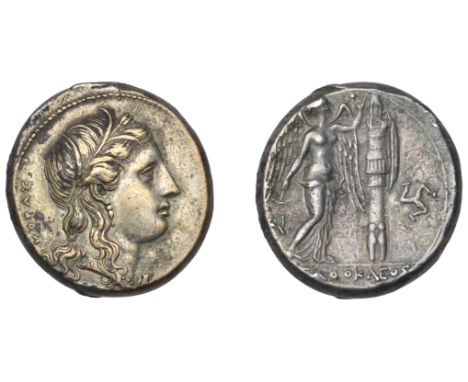 Greek Coinages, Syracuse: Tetradrachm, struck under Agathokles as tyrant, c. 310-05 during the war with Carthage  Obverse: κο