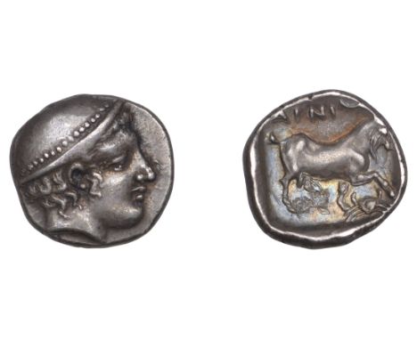 Greek Coinages, Ainos: Diobol, struck c. 408-406  Obverse: head of Hermes right with fleshy features, wearing petasos with be