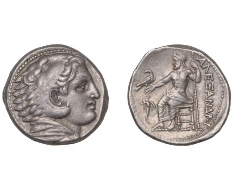 Greek Coinages, KINGDOM OF MACEDONIA, Alexander III: Tetradrachm, struck at Amphipolis, Macedonia, c. 324-3  Obverse: head of