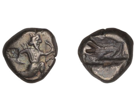 Greek Coinages, PERSIAN EMPIRE: Siglos, struck at Sardis, c. 375-340  Obverse: crowned Persian king running right, holding da