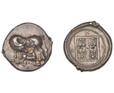 Greek Coinages, korkyra: Stater, struck c. 390-370  Obverse: cow standing left, head turned down towards suckling calf  Rever