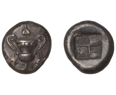 Greek Coinages, CYCLADES, Naxos: Stater, struck c. 520-490  Obverse: kantharos with ivy-leaf above rim, bunch of grapes hangi