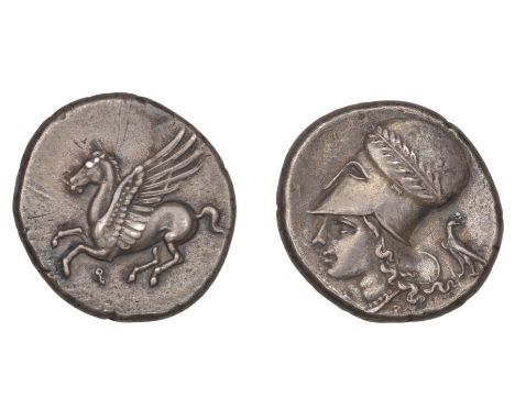 Greek Coinages, Corinth: Stater, struck c. 375-300  Obverse: Pegasos flying left, q below  Reverse: head of Athena left, wear