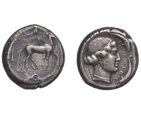 Greek Coinages, Syracuse: Tetradrachm, struck under the Second Democracy, c. 450  Obverse: quadriga stepping slowly right, ch