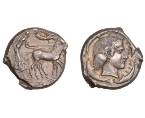 Greek Coinages, Syracuse: Tetradrachm, struck under the Second Democracy, c. 455-50 Obverse: quadriga stepping slowly right, 