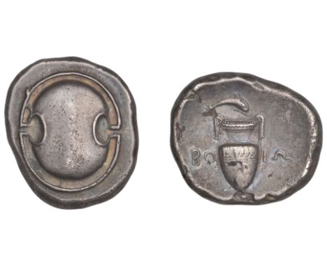 Greek Coinages, Boeotian League: Stater, federal issue, struck during the Corinthian War, c. 395-87  Obverse: Boeotian shield