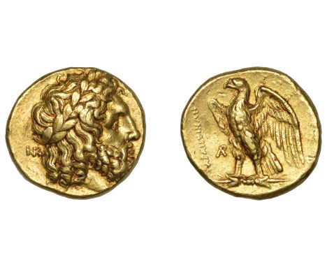 Greek Coinages, Tarentum: Stater, struck under the Pyrrhic Hegemony, c. 280  Obverse: laureate head of Zeus right; monogram [
