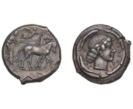 Greek Coinages, Syracuse: Tetradrachm, struck under the Second Democracy, c. 450  Obverse: quadriga stepping slowly right, ch