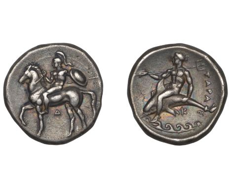 Greek Coinages, Tarentum: Nomos, struck c. 344-40  Obverse: nude rider on horse stepping left, holding reins in one hand, spe