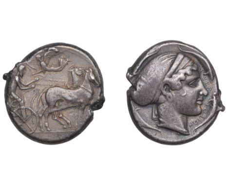 Greek Coinages, Syracuse: Tetradrachm, struck under the Second Democracy, c. 430  Obverse: quadriga stepping slowly right, ch