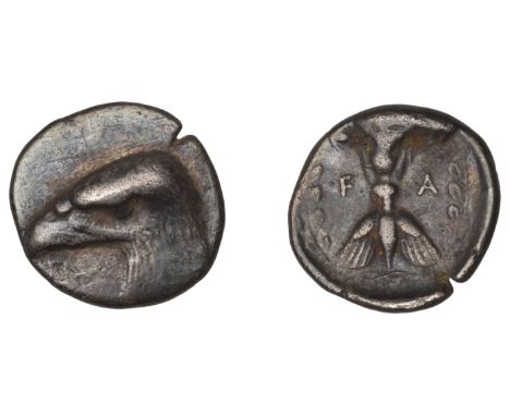 Greek Coinages, Elis: Hemidrachm, struck at Olympia, c. 416-400  Obverse: head of eagle left  Reverse: f-a: thunderbolt, wing