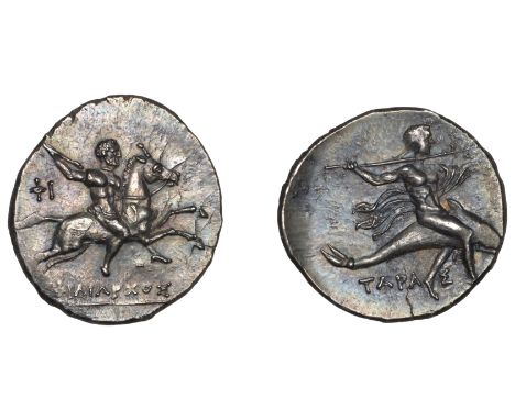 Greek Coinages, Tarentum: Half-Shekel, struck under the Hannibalic occupation, c. 212-09, by the magistrate Philiarchos  Obve