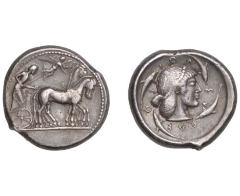 Greek Coinages, Syracuse: Tetradrachm, struck under the First Democracy, c. 485-480  Obverse: quadriga stepping slowly right,