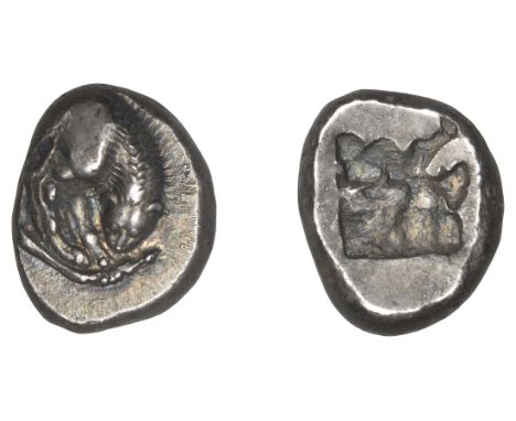 Greek Coinages, Velia: Drachm, struck c. 535-510  Obverse: forepart of lion right, devouring stag leg  Reverse: quadripartite