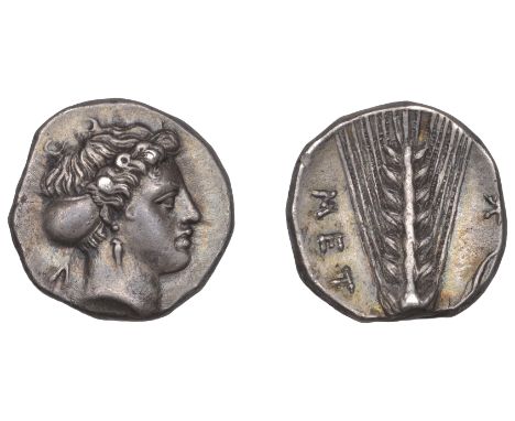 Greek Coinages, Metapontum: Stater, struck c. 360-340  Obverse: head of Demeter right, her hair bound by a sakkos and wearing
