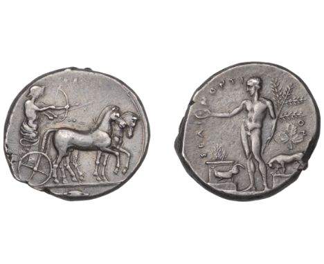Greek Coinages, Selinus: Tetradrachm, struck c. 435-417  Obverse: Apollo and Artemis carried in slow biga right, Apollo drawi