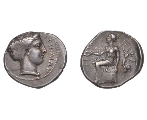 Greek Coinages, Terina: Stater, struck c. 400-356  Obverse: [τ]εριναιων: head of nymph right, her hair bound up, wearing cord