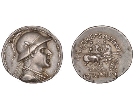 Greek Coinages, KINGDOM OF BAKTRIA, Eukratides I (c. 171-145): Tetradrachm struck at Aï-Khanoum  Obverse: bust right wearing 