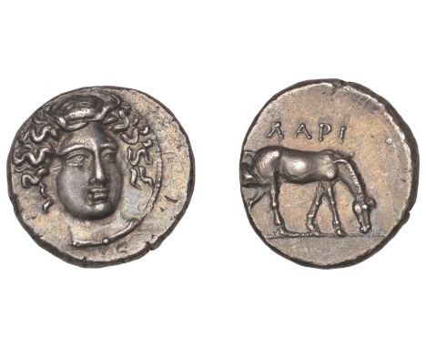 Greek Coinages, Larissa: Drachm, struck c. 400-380  Obverse: head of nymph canted slightly right, radial flowing hair bound b