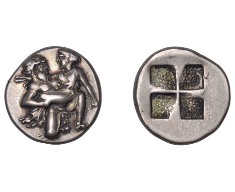 Greek Coinages, Thasos: Drachm, struck c. 412-404  Obverse: relaxed nymph held in the arms of a solicitous satyr who kneels f