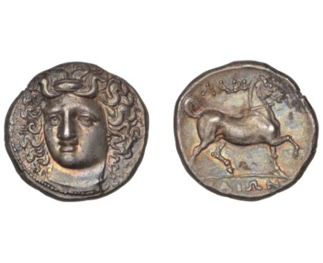 Greek Coinages, Larissa: Didrachm, struck c. 350-300  Obverse: head of nymph canted slightly left, radial flowing hair bound 