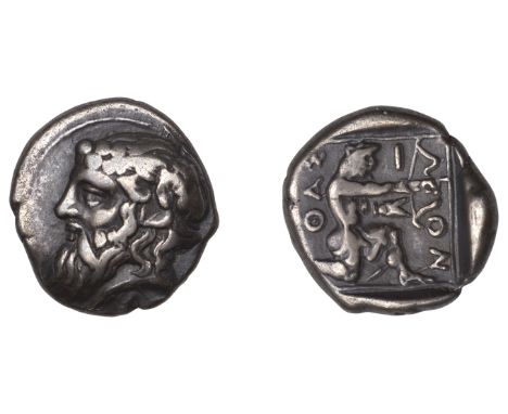 Greek Coinages, Thasos: Drachm, struck c. 390-350  Obverse: head of Dionysos left, wild unkempt hair wreathed with wild ivy  