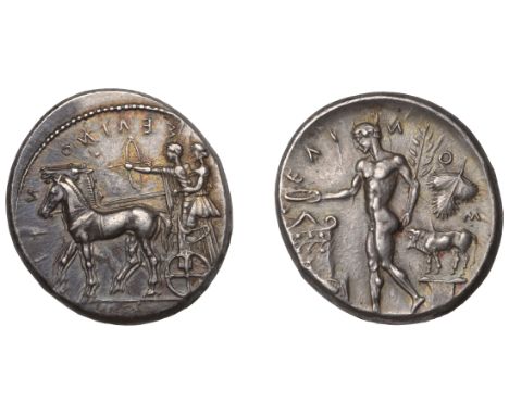 Greek Coinages, Selinus: Tetradrachm, struck c. 467-445  Obverse: σελινοντιον (retrograde): Apollo and Artemis standing in qu
