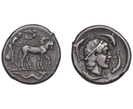 Greek Coinages, Syracuse: Tetradrachm, struck under the Second Democracy, c. 466-60  Obverse: quadriga stepping slowly right,