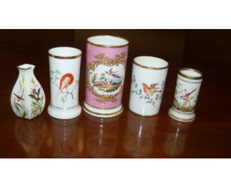 A Chamberlain's Worcester and four other bird painted spill vases, the first with a pink ground, 12.5cm high, the smallest wi