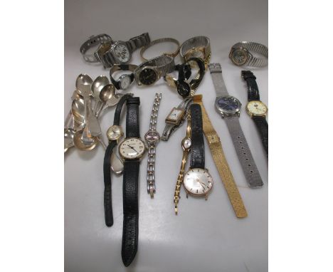 A set of six Victorian silver teaspoons, a silver retracting swizzle stick and a collection of wristwatches, including Tissot