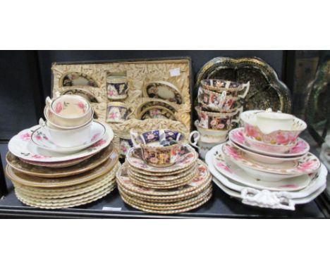 A part Imari porcelain tea set, a floral and gilt coffee set and various porcelain plates etc (parcel) and a satsuma plate an