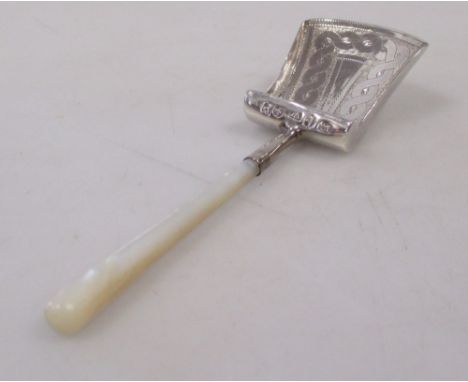 A George III silver shovel bowl caddy spoon with mother of pearl handle  