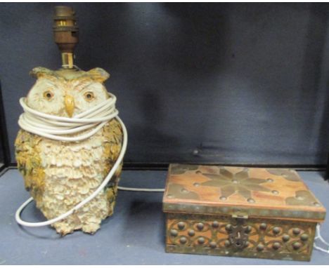 A ceramic owl lamp base and a wooden box with brass mount  