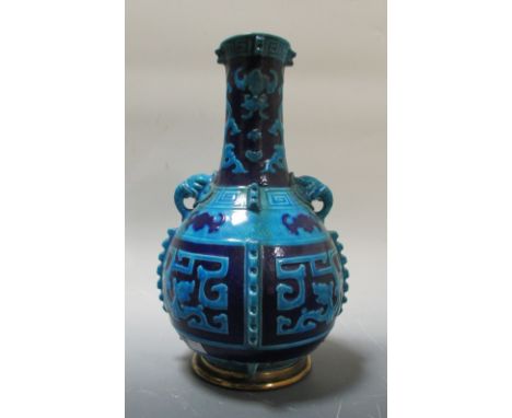 A two tone blue chinoiserie bottle vase, possibly Worcester, 36cm high  