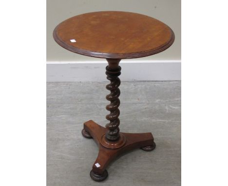 A 19th century mahogany tripod table with a barley twist stem on platform base, 49cm  