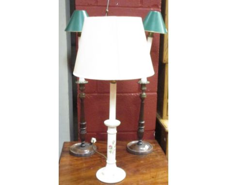 A pair of walnut and brass candlesticks, together with a ceramic table lamp (3)  