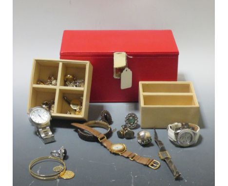 A box of jewellery containing a Raymond Weil wristwatch, dress jewellery by Christian Dior, Coach, Swarowski, Moshchino etc, 