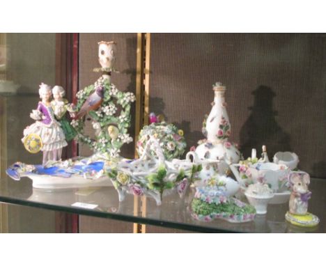 A 19th century bird and floral encrusted candlestick, together with a quantity of smaller porcelain (parcel)  