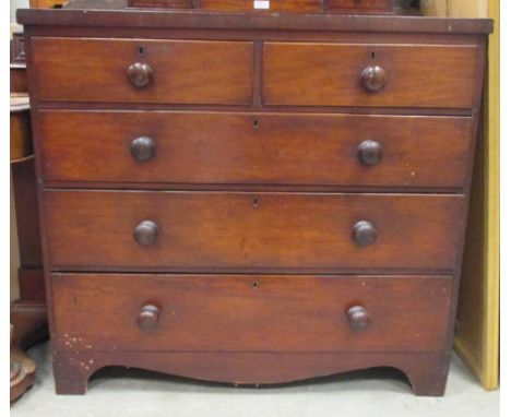 A Victorian mahogany chest of drawers with turned handles on bracket feet, 92cm high x 101cm wide x 45cm deep  