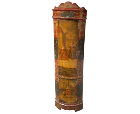 with original painted decoration and inscriptions, depicting Flemish figural scenes, larger cupboard with two internal shelve