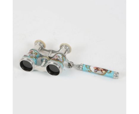 Guilloche enamel painted with miniature portraits of ladies and with mother of pearl eye pieces.  Marked V & H Doninelli, Nic
