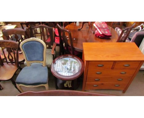 A modern pine chest of drawers together with a Jack Russell side table by Danbury Mint, bergere arm chair, upholstered bedroo