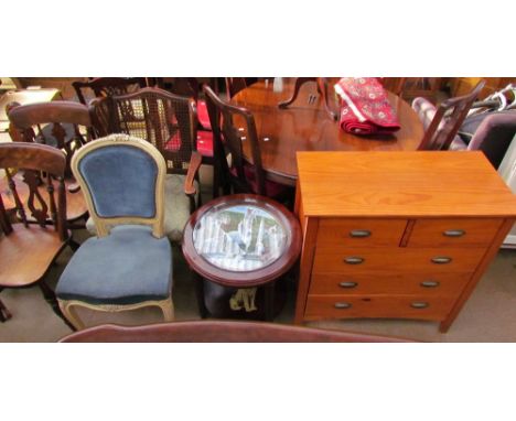 A modern pine chest of drawers together with a Jack Russell side table by Danbury Mint, bergere arm chair, upholstered bedroo