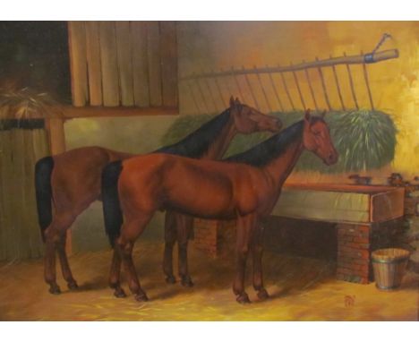 20th century continental SchoolHorses in a stableOil on boardInitialled Together with a pencil sketch of a head and shoulders