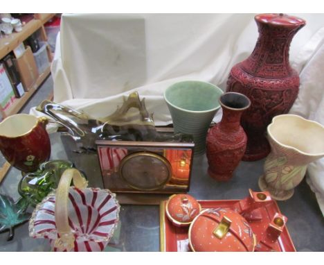 A Carltonware pottery dressing table set together with lacquer vases, Lovatt vase, Crown Devon pottery vase, glass dishes, mi