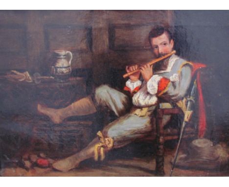 19th century continental schoolA Soldier in a tavern scene playing a fluteOil on canvas