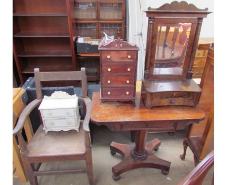 A Victoria rosewood side table together with a Victorian mahogany toilet mirror, two table top chests of drawers and a 19th c