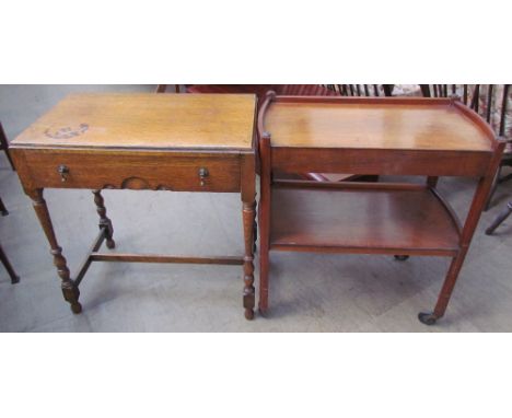 An oak side table together with a walnut tea trolley