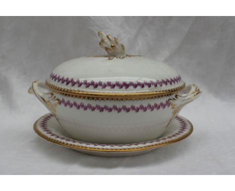 A Worcester porcelain twin handled tureen, cover and stand with a pine cone finial decorated with purple leaf bands, impresse